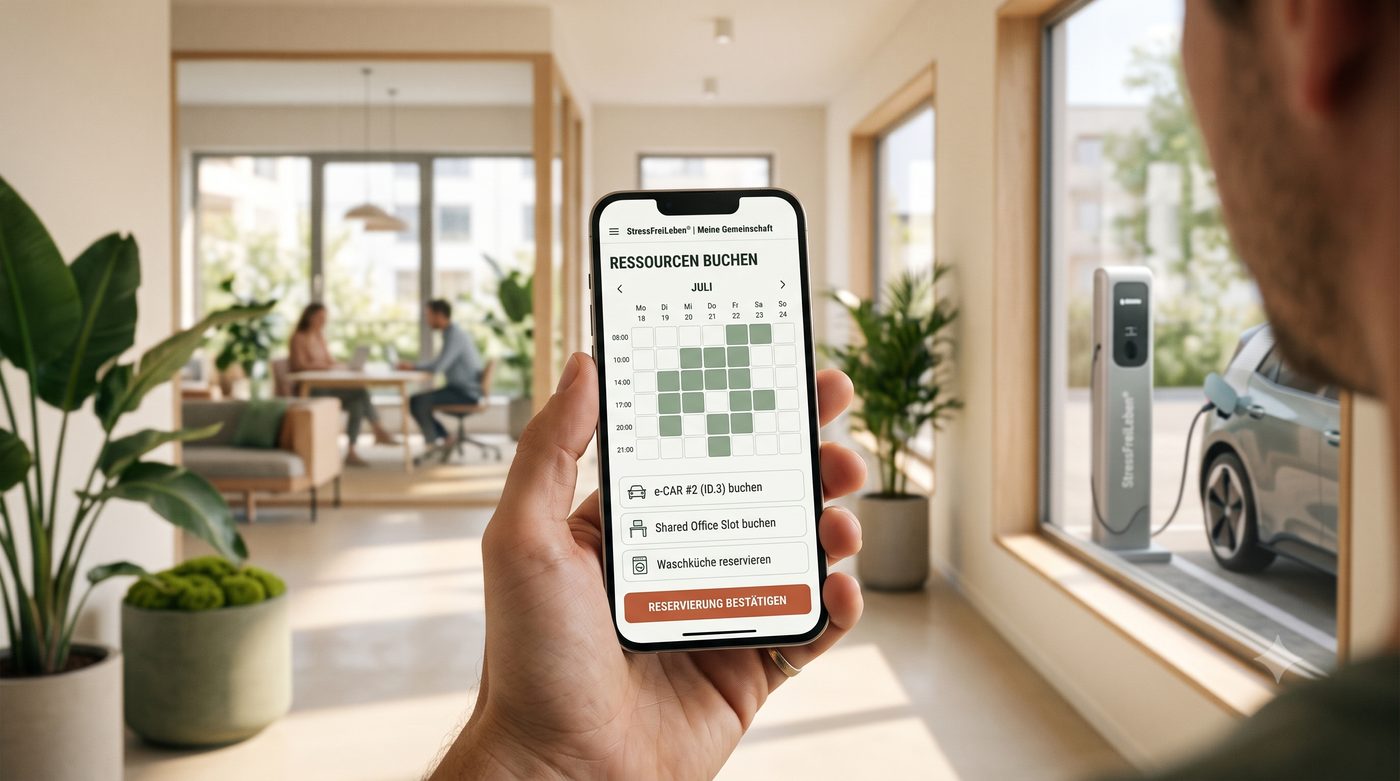 Ein Bewohner bucht über die StressFreiLeben-App ein E-Auto und einen Coworking-Slot, im Hintergrund die Gemeinschaftslounge