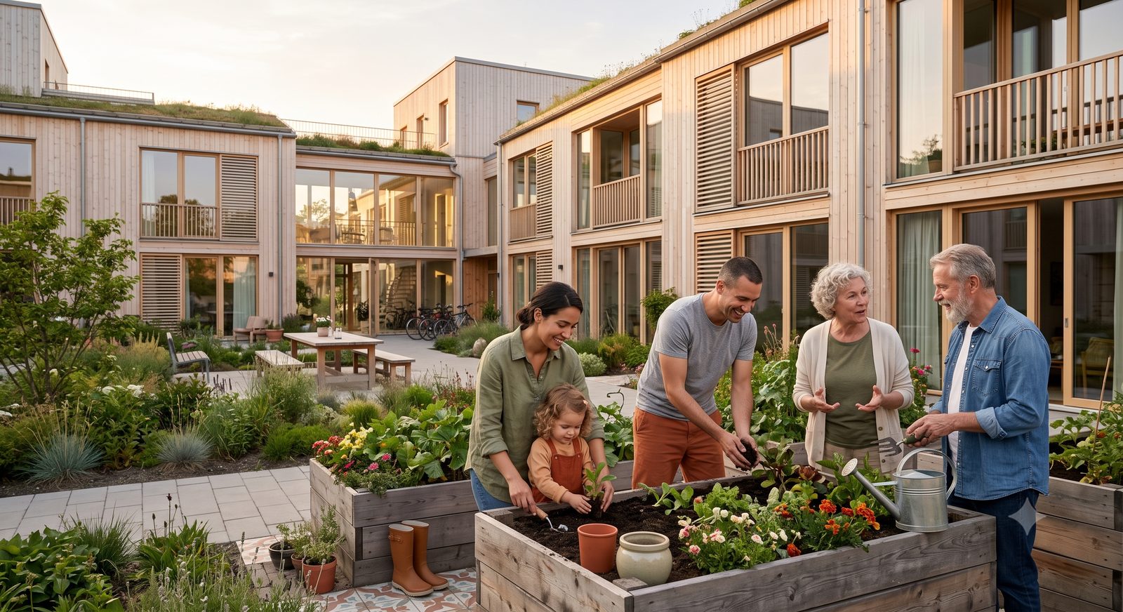 Familie und Nachbarn arbeiten gemeinsam im Gemeinschaftsgarten eines StressFreiLeben-Quartiers